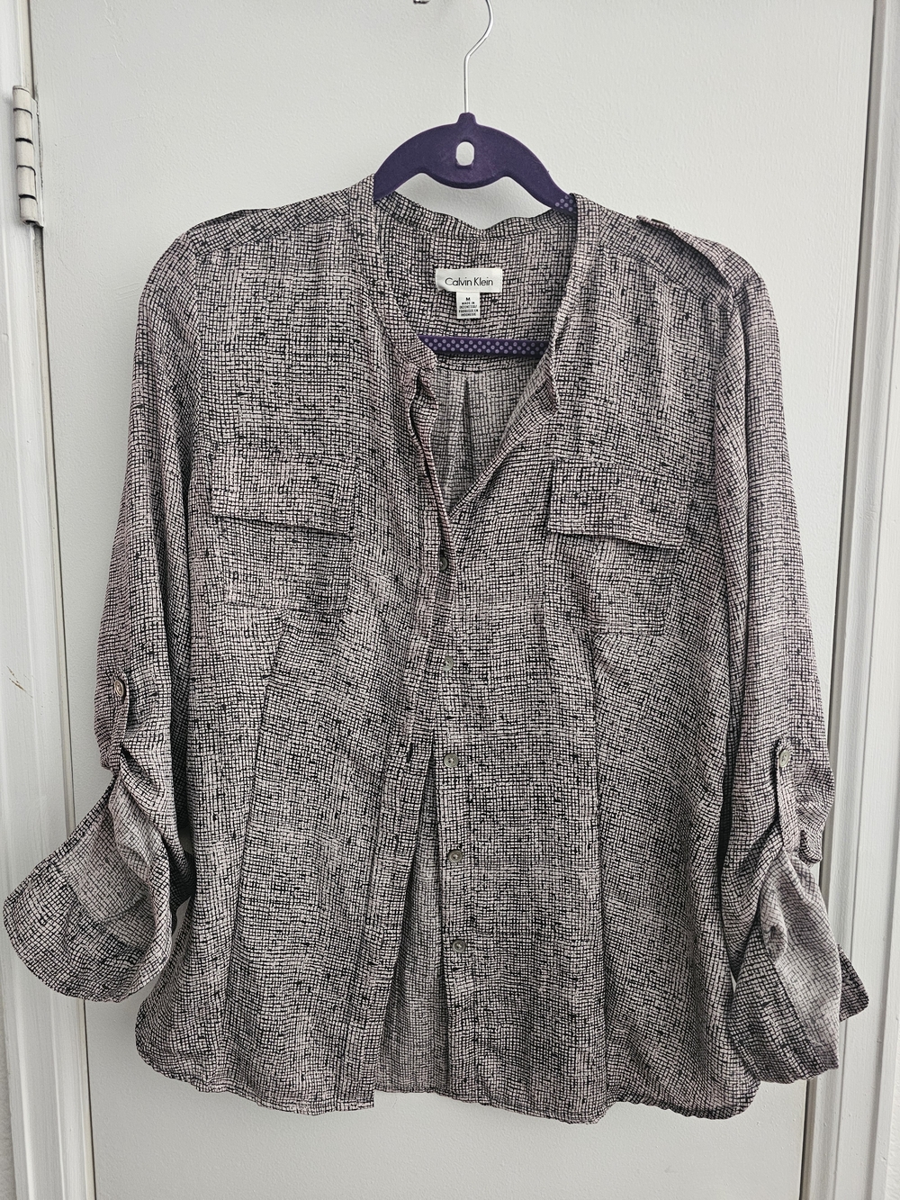 Calvin Klein Black and Cream Textured Button-Front Blouse